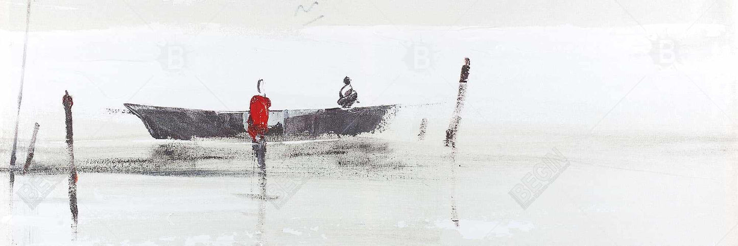 Toile minimaliste grise « Bateau sur un lac » | Décoration murale pour chambre