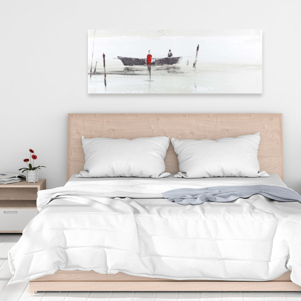 Toile minimaliste grise « Bateau sur un lac » | Décoration murale pour chambre