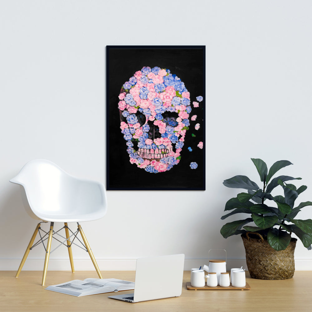Blue Modern Flower Skull Framed Canvas - Bedroom Home Decor