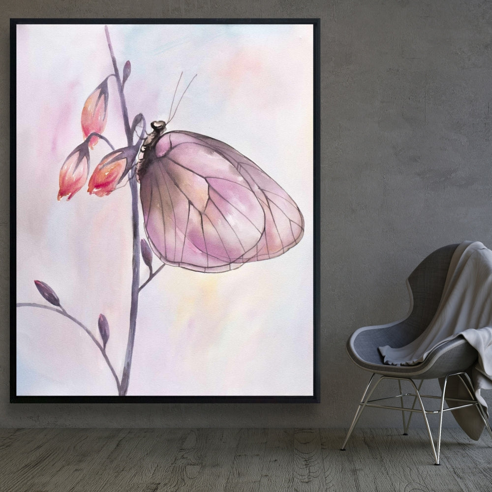 Toile romantique à fleurs violettes - Décoration murale délicate avec papillons