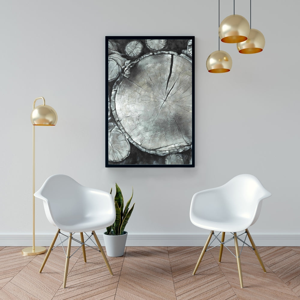 Stacked Wood Logs Canvas | White Framed Monochrome Decor