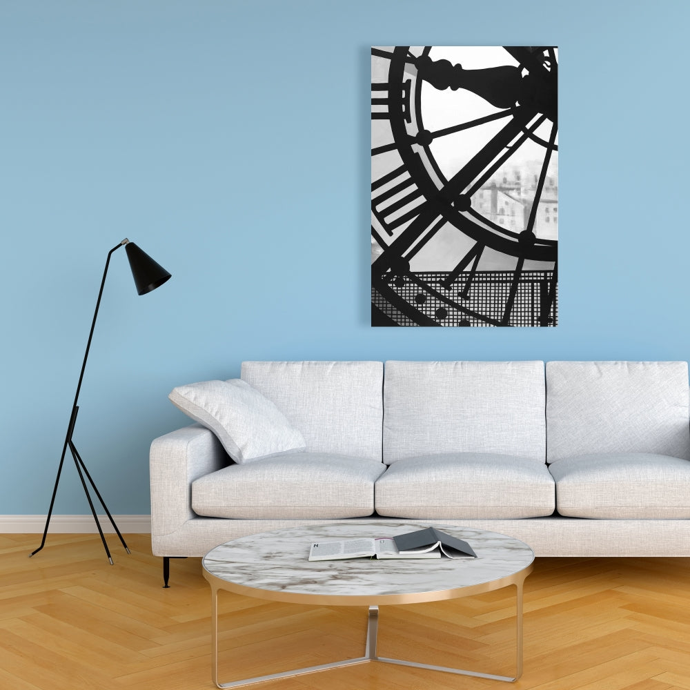 Clock at the Orsay Museum Canvas - White Monochrome Decor