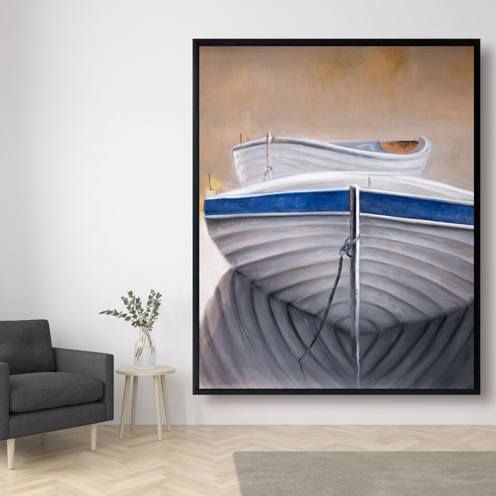 Coastal Blue Canvas - Two Canoe Boats Framed Art Decor