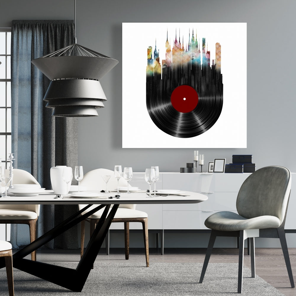 Building Cities Blue Canvas | Abstract City on Vinyl Disk Decor