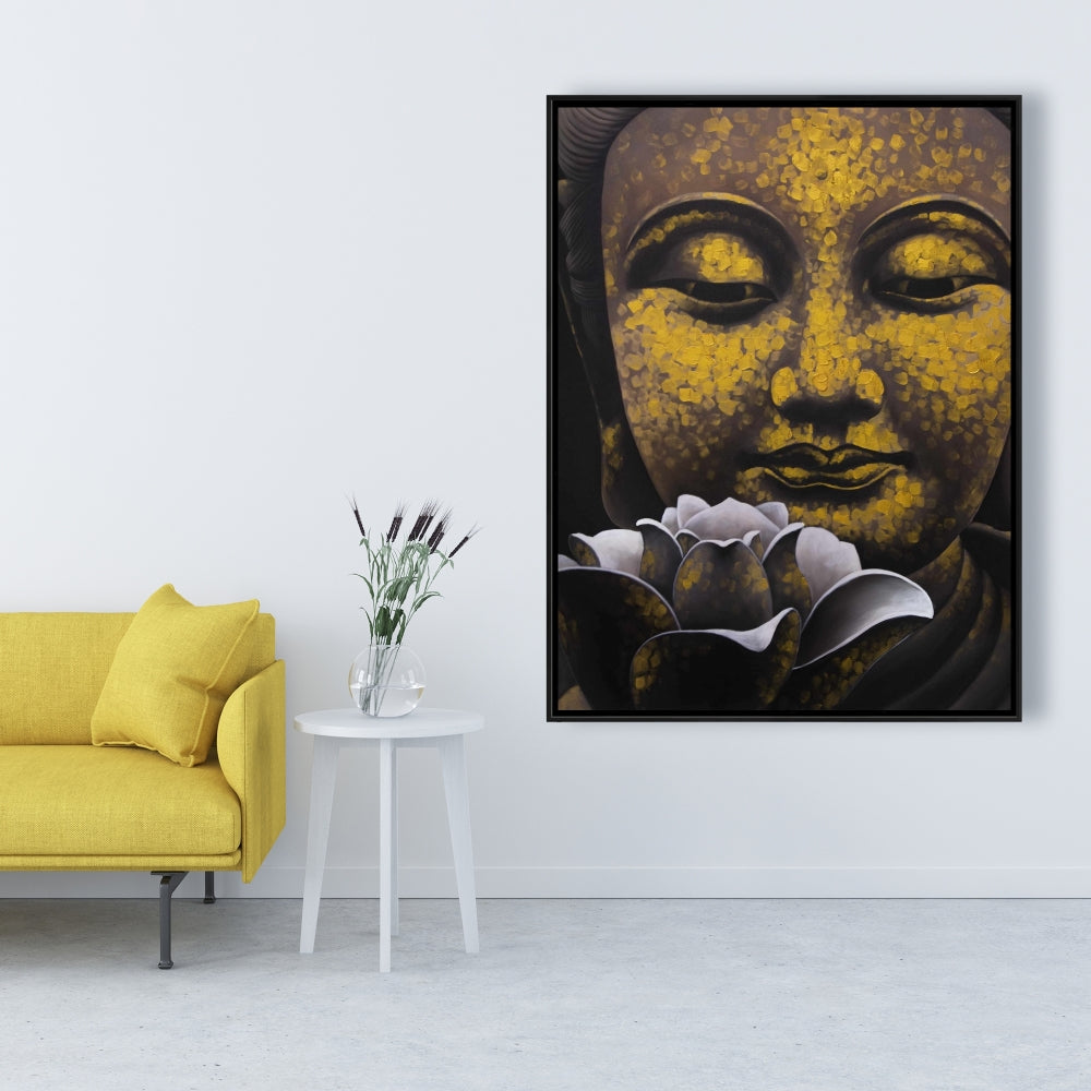 Toile encadrée représentant Bouddha et Lotus – Décoration intérieure spirituelle