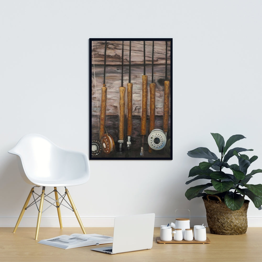 Fishing Rods on Wood Canvas | Rustic Framed Home Decor