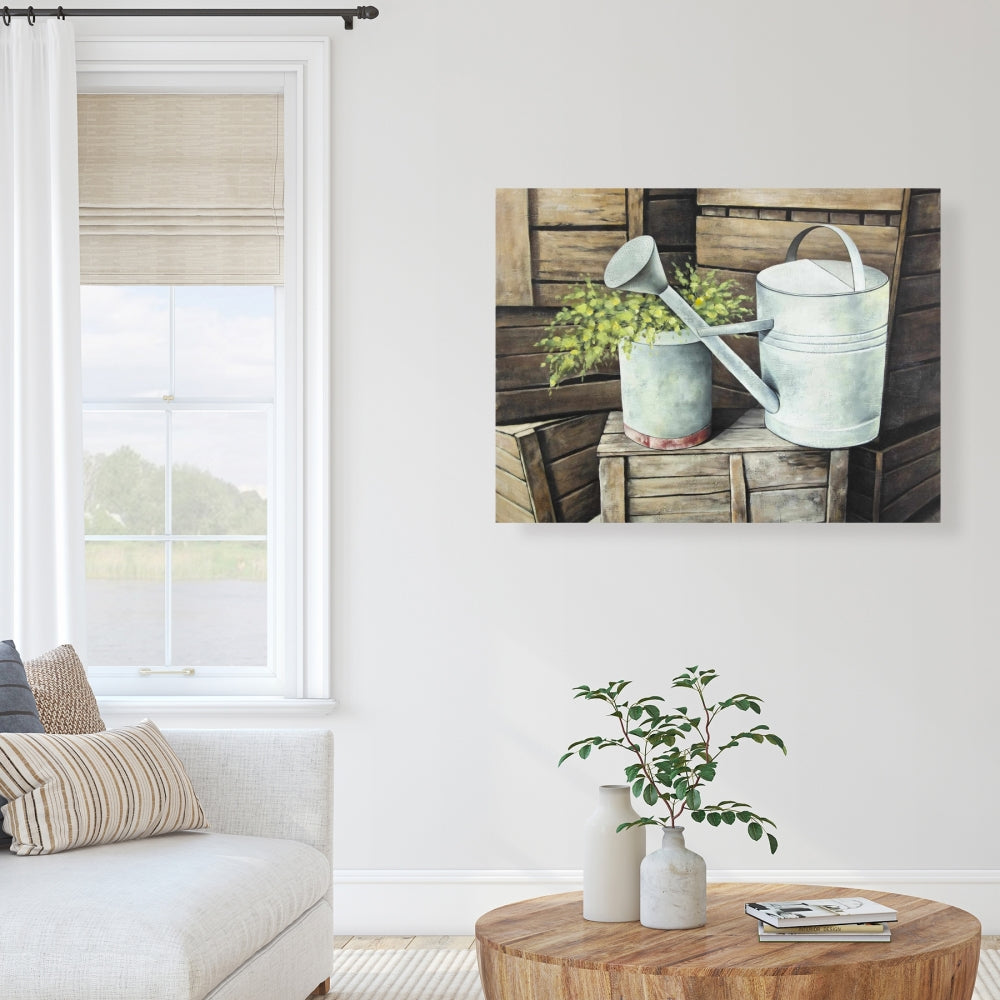 Vintage Watering Can Canvas | Brown Still Life Home Decor
