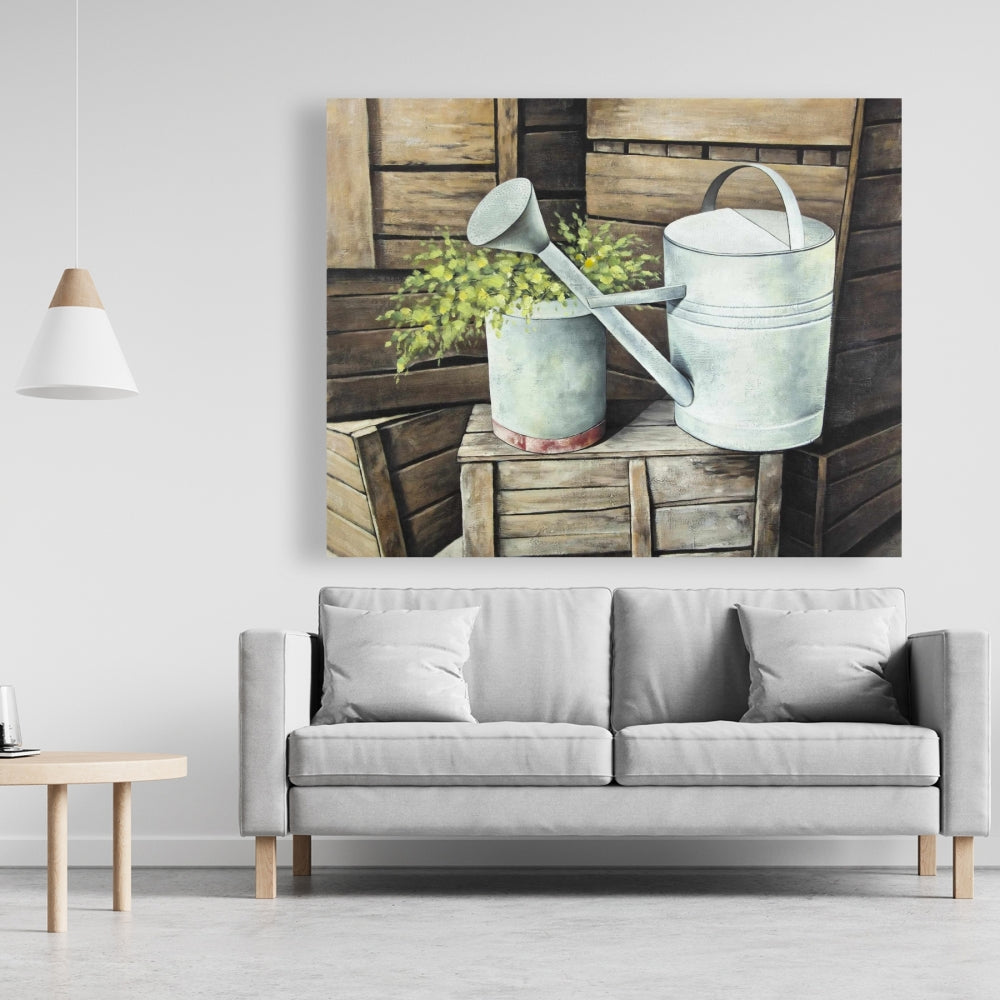 Vintage Watering Can Canvas | Brown Still Life Home Decor