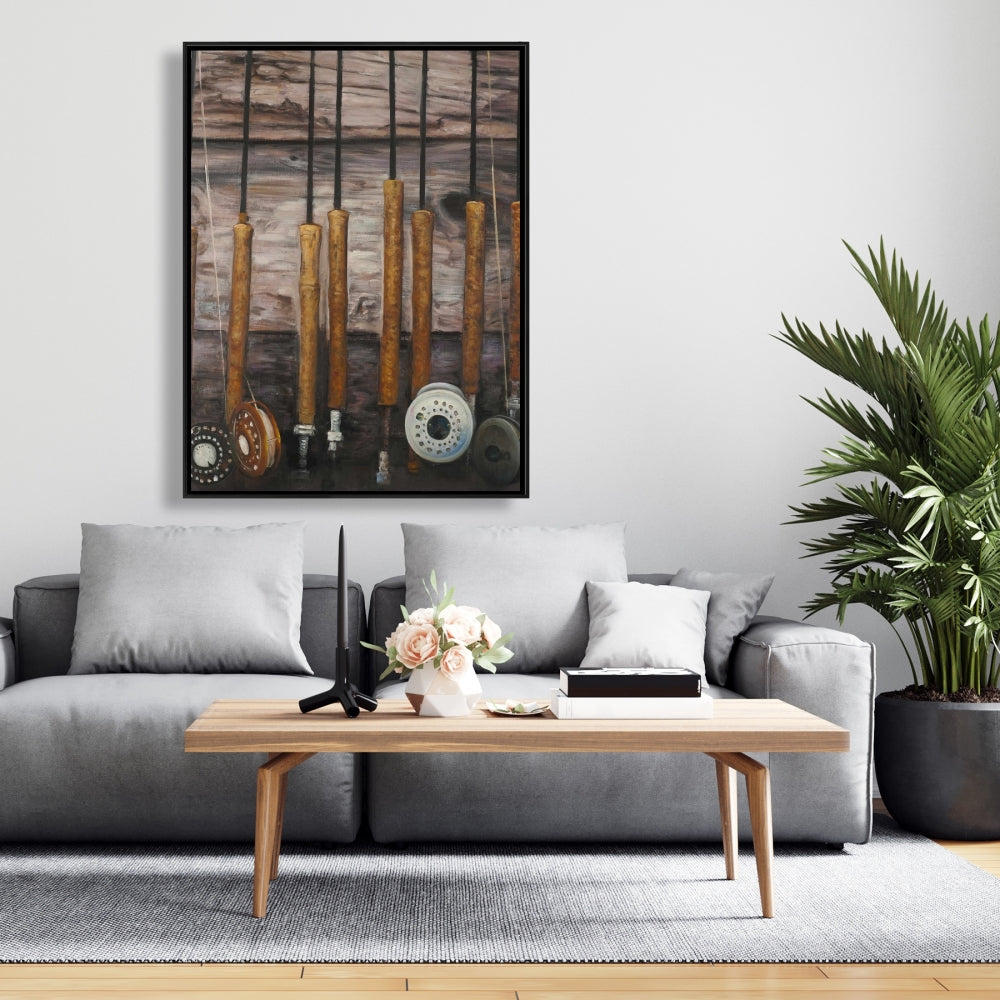Fishing Rods on Wood Canvas | Rustic Framed Home Decor