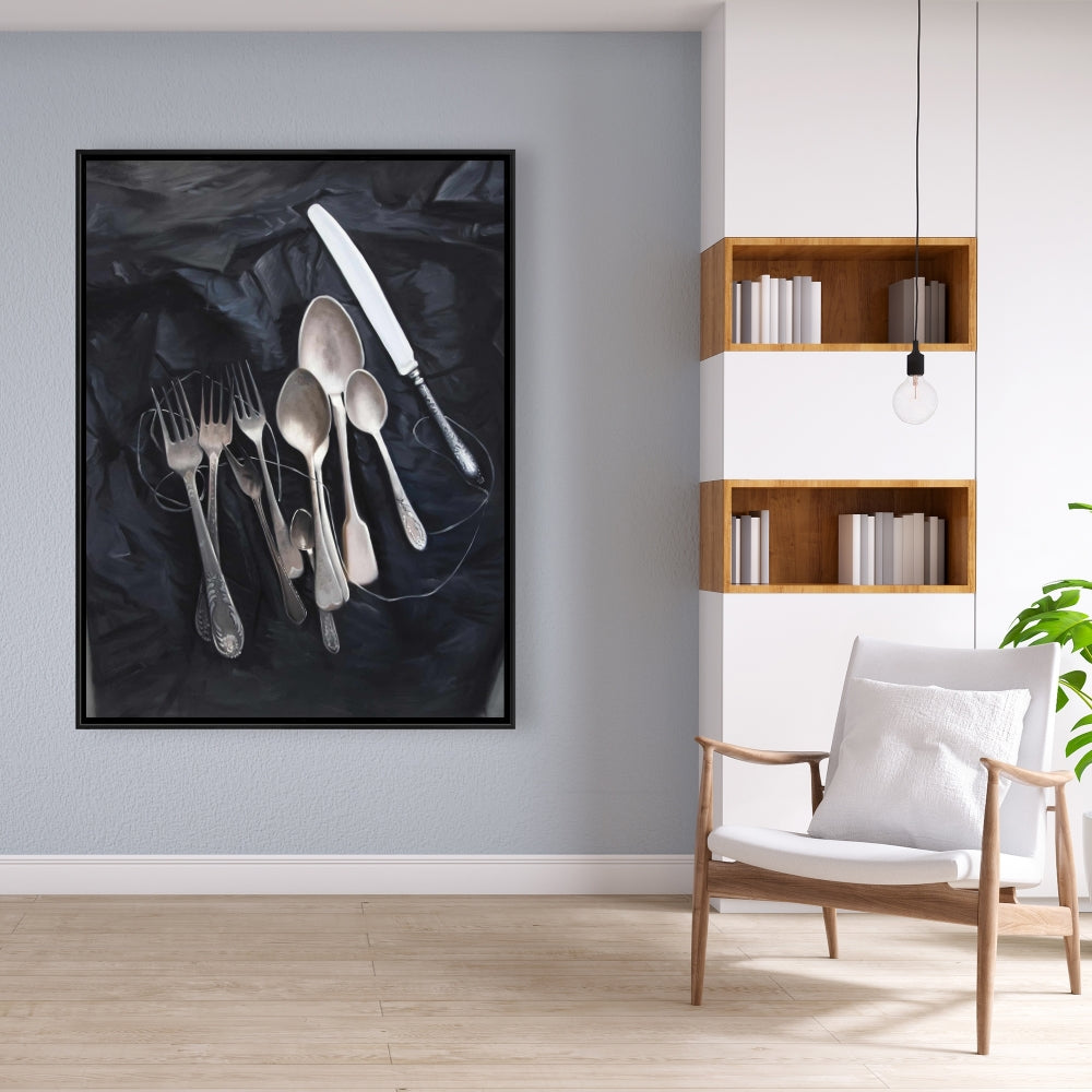 Nature morte vintage sur toile encadrée - Décoration de couverts vintage