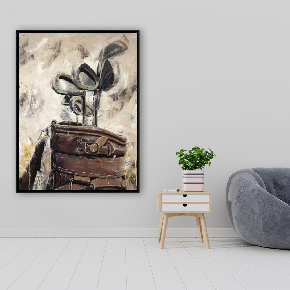 Toile vintage avec bâtons et sac de golf | Décoration murale