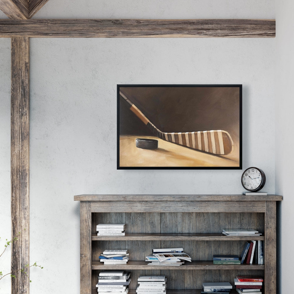 Toile encadrée représentant un bâton et une rondelle de hockey - Décoration d'intérieur sportive
