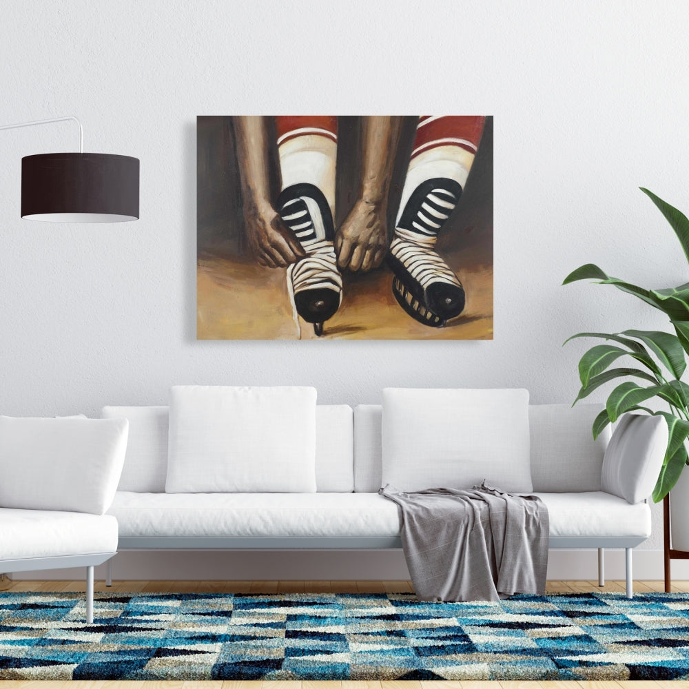 Brown Livingroom Canvas | Hockey Player Ties Skates Decor