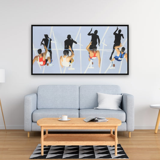 Toile « À vos marques » | Art sportif encadré bleu pour la décoration intérieure