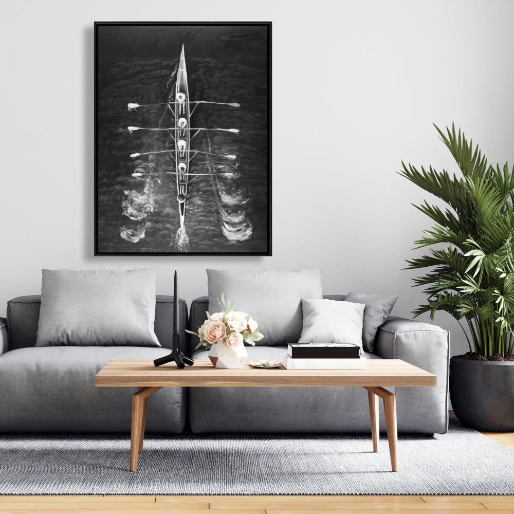 Toile encadrée blanche représentant un bateau à rames - Décoration d'intérieur sportive et ludique