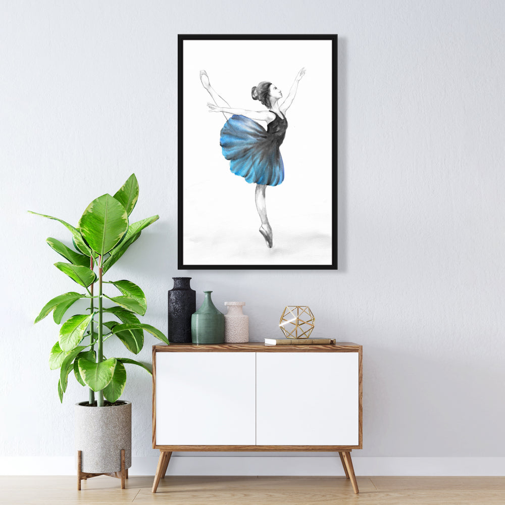 Small Blue Ballerina Framed Canvas - Romantic Home Decor