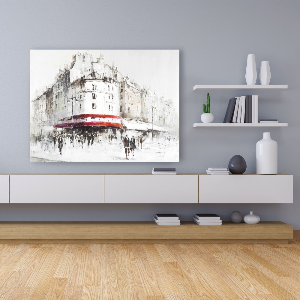 White Street Canvas - Red Accents | Modern Building Decor