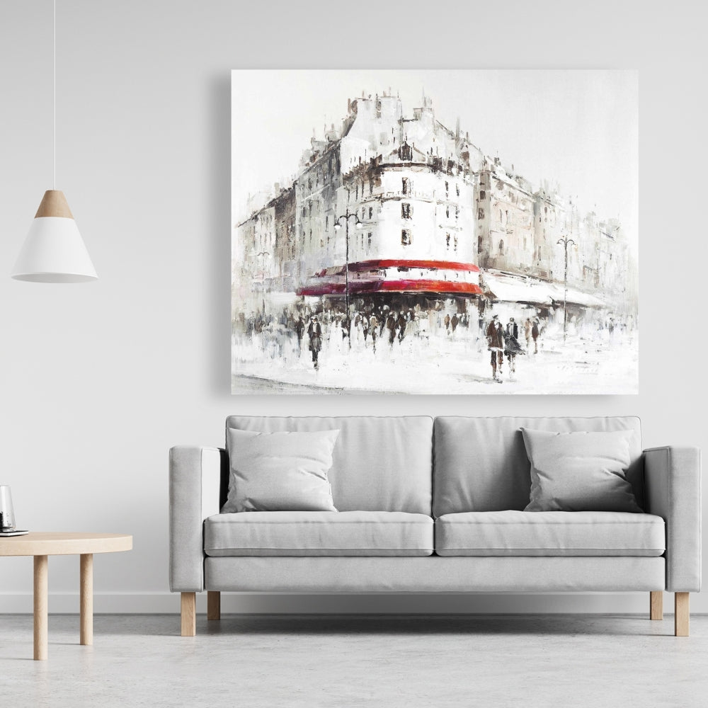 White Street Canvas - Red Accents | Modern Building Decor