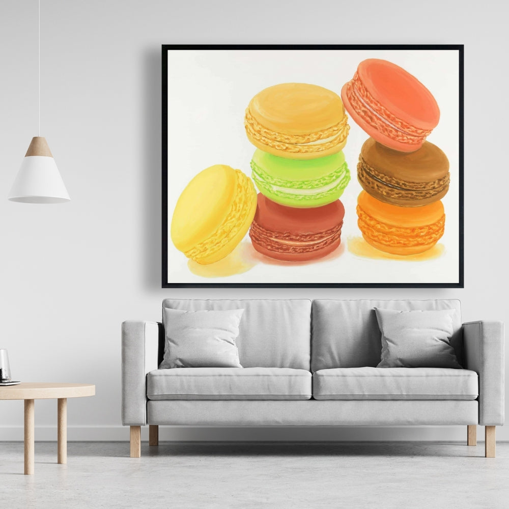 Toile « Délicieux macarons » | Décoration murale avec cadre jaune