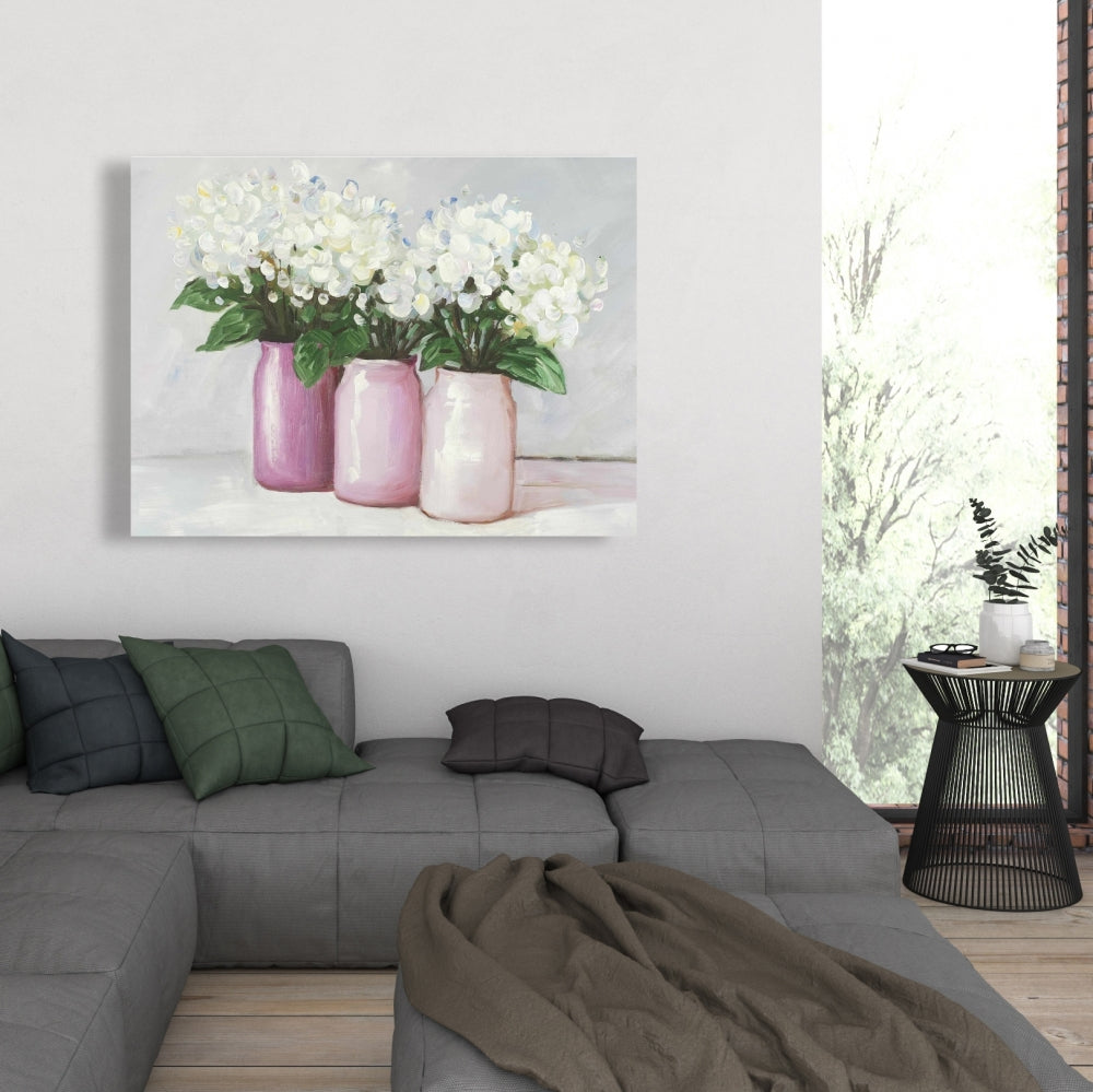 Hydrangea Flowers in Pink Vases Canvas - Floral Home Decor
