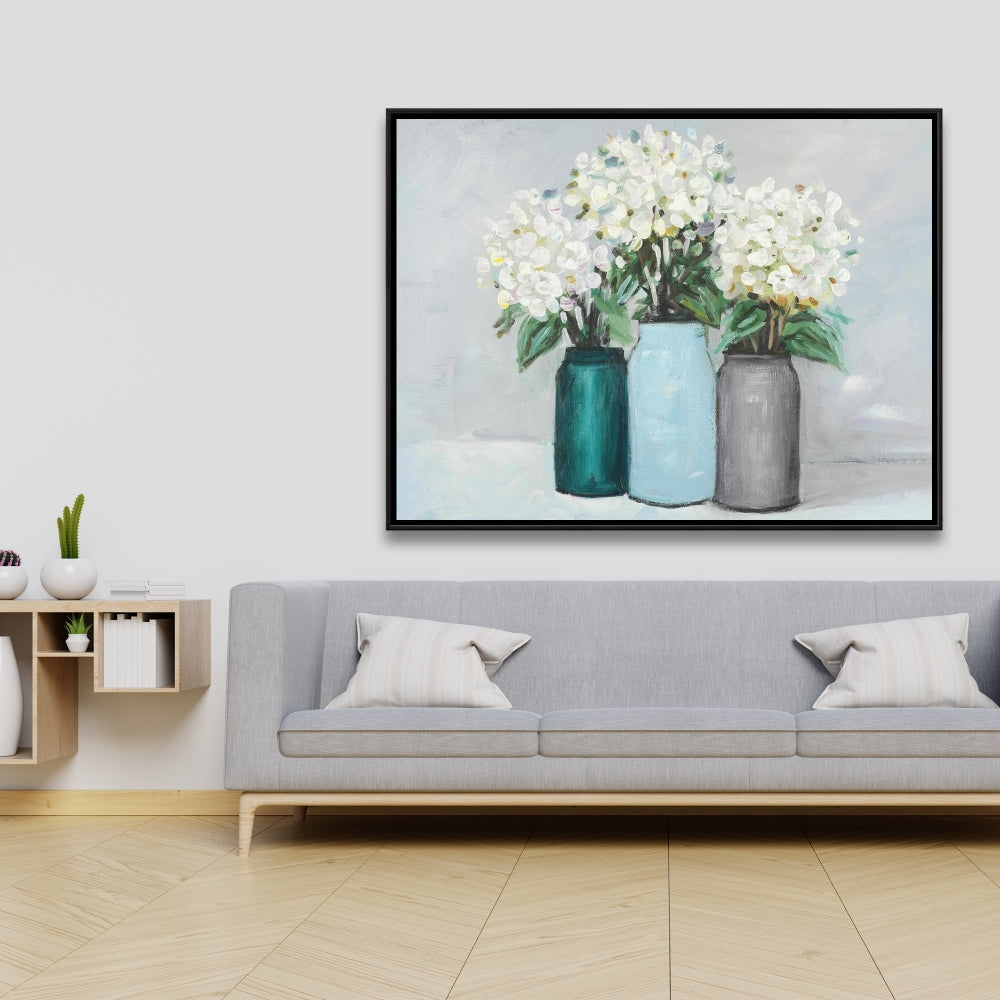 Bedroom Botanical Canvas | Hydrangea Flowers in Blue Vases