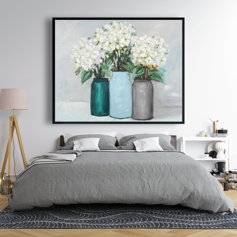 Bedroom Botanical Canvas | Hydrangea Flowers in Blue Vases