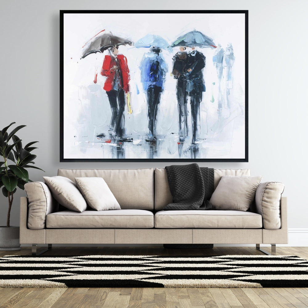 Toile représentant une femme sous une pluie printanière, paysage de rue – Décoration de chambre