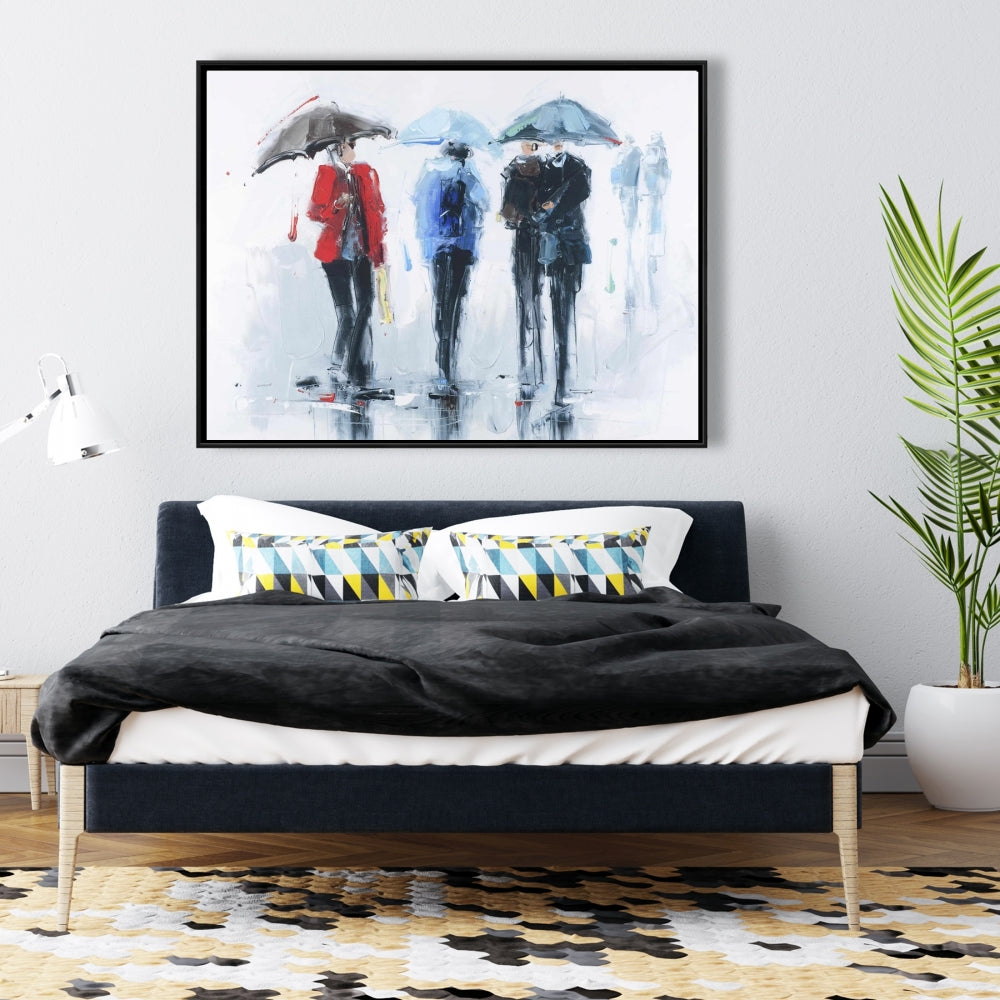 Toile représentant une femme sous une pluie printanière, paysage de rue – Décoration de chambre