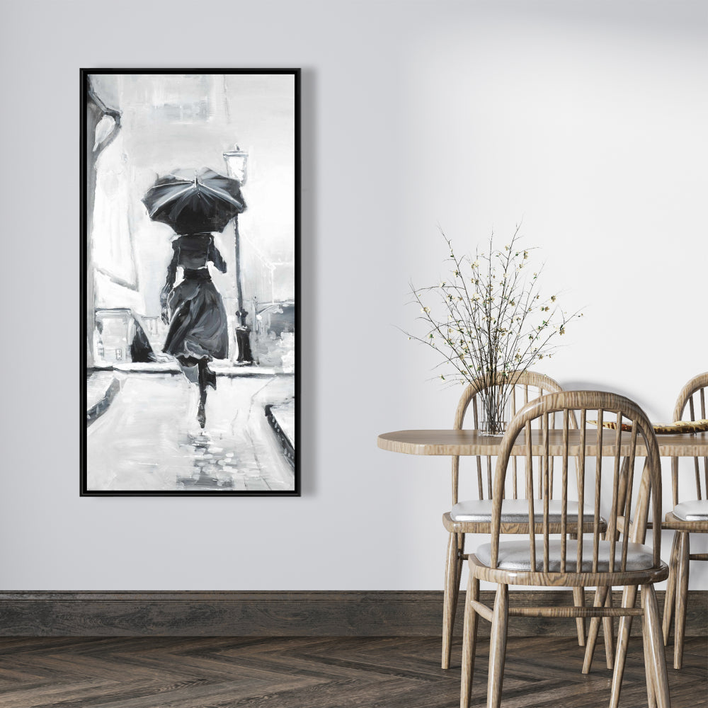 Toile grise figurative | Décoration : Femme courant sous la pluie
