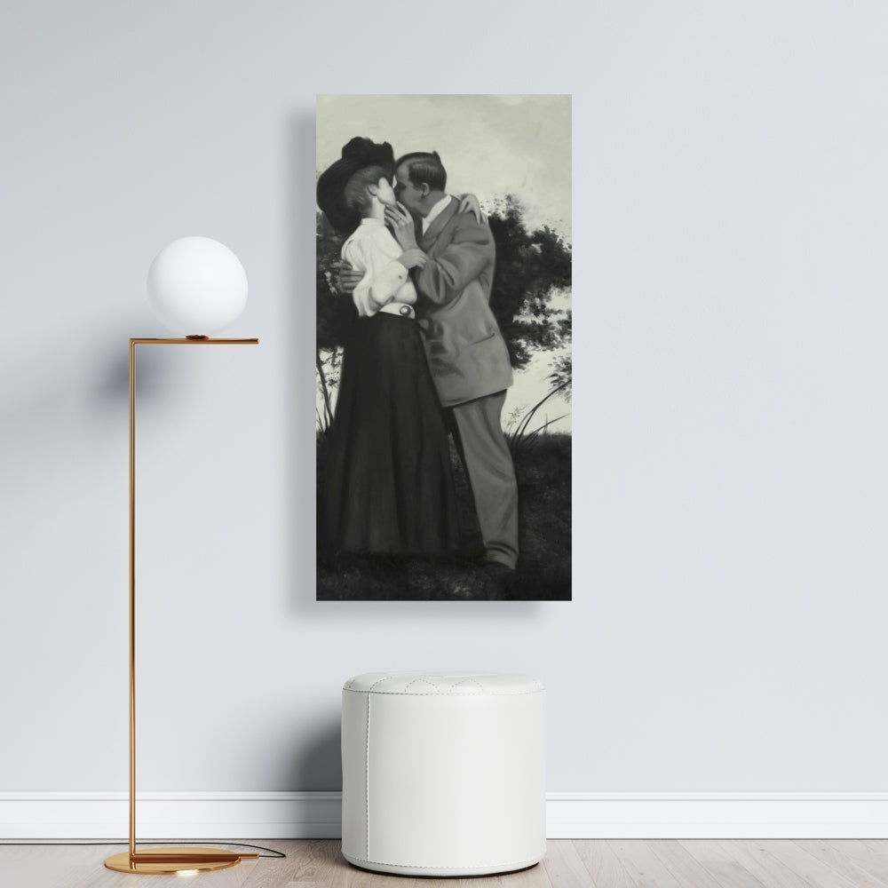Beige Bedroom Figurative Canvas - Vintage Couple Kissing Decor