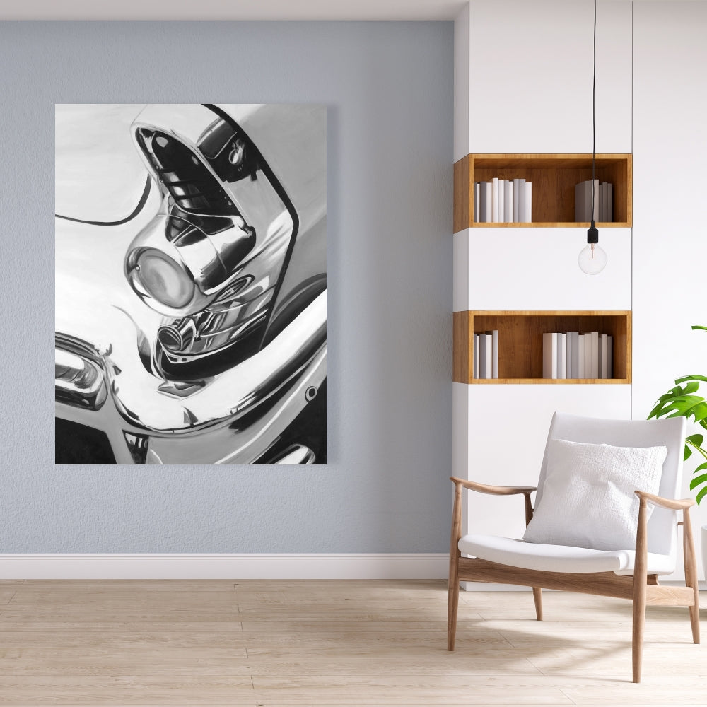 Magnifique toile chromée représentant une voiture | Décoration d'intérieur monochrome