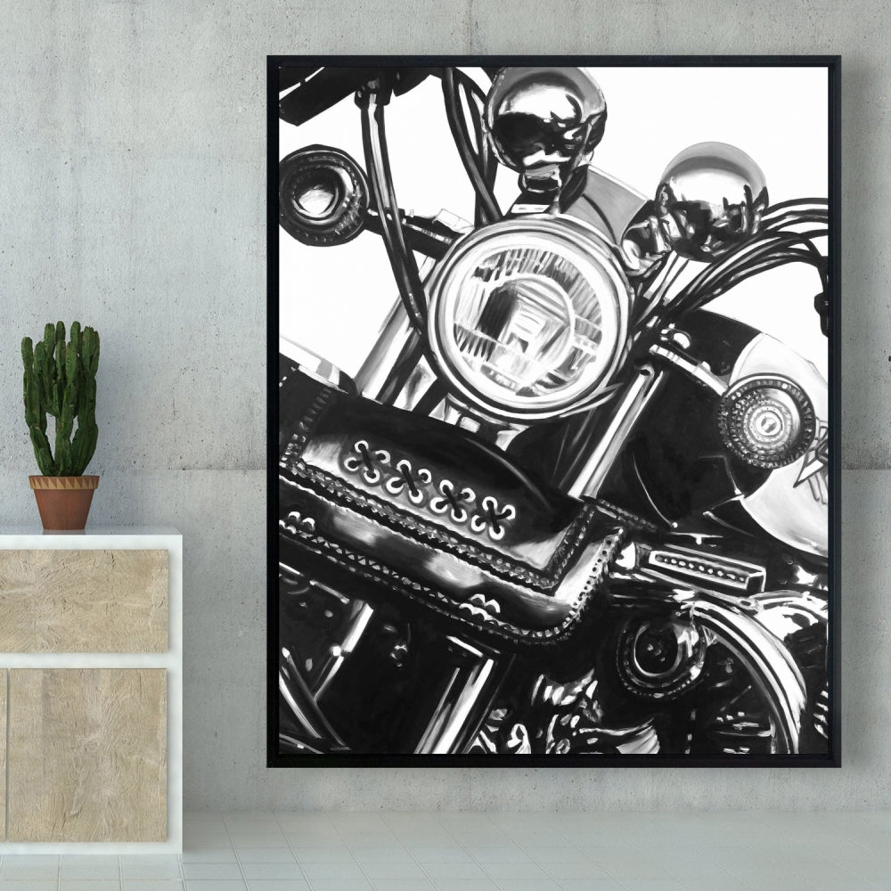 Realistic Motorcycle Gray Framed Canvas | Home Decor Art