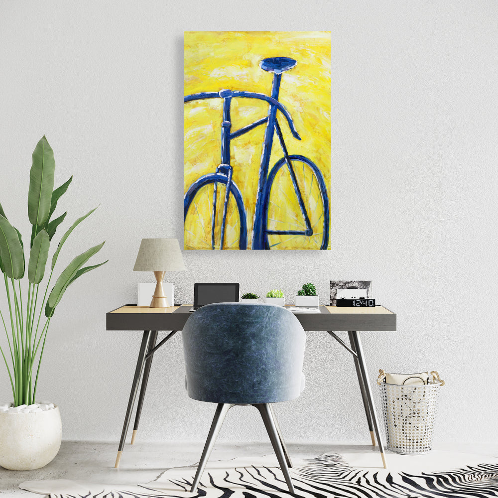 Blue Bike on Yellow Canvas | Bedroom Sports Decor - 24x36