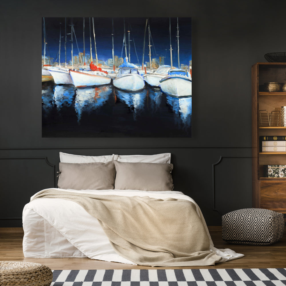 Evening at the Marina | Blue Bedroom Boat Canvas Home Decor