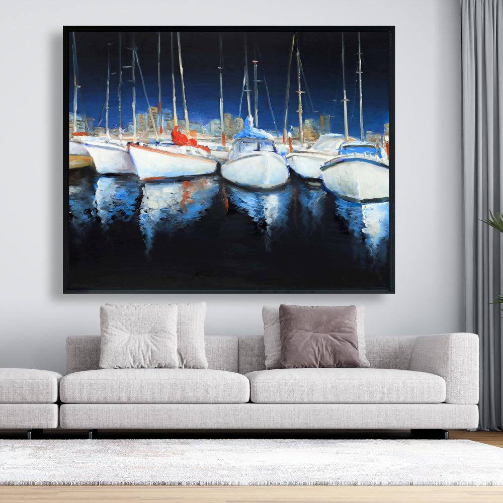 Blue Coastal Bedroom Canvas | Evening at the Marina Framed Art