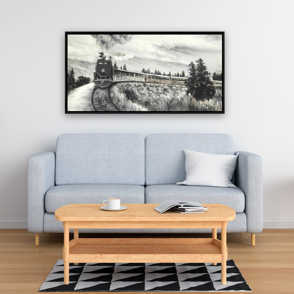 Gray Landscapes Framed Canvas | Steam Engine Train Art Decor