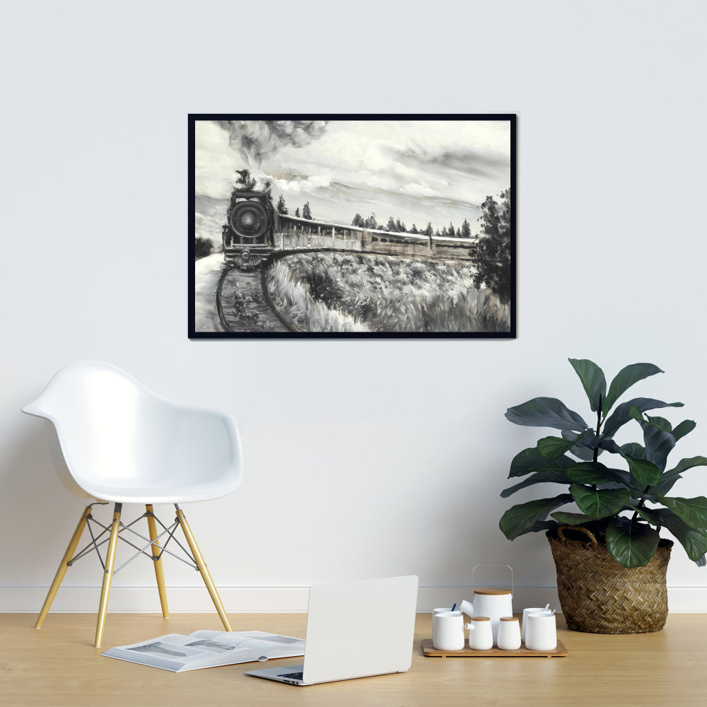 Gray Landscapes Framed Canvas | Steam Engine Train Art Decor