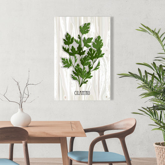 Coriandre sur toile bois | Décoration murale botanique pour cuisine