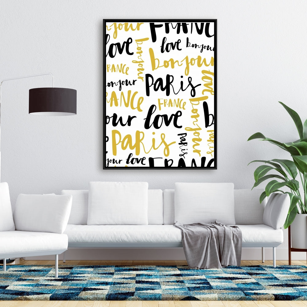 Yellow Bonjour Paris Framed Canvas | Typo & Symbols Home Decor