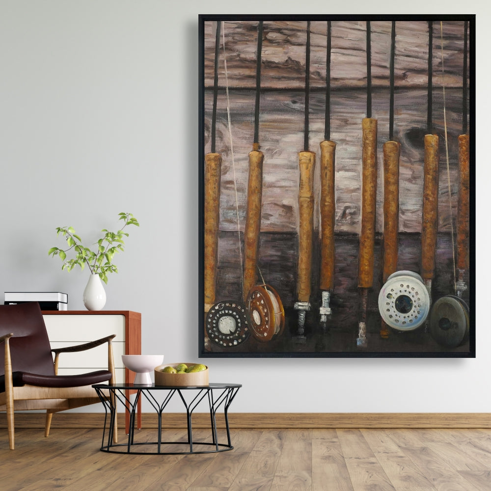 Fishing Rods on Wood Canvas | Rustic Framed Home Decor