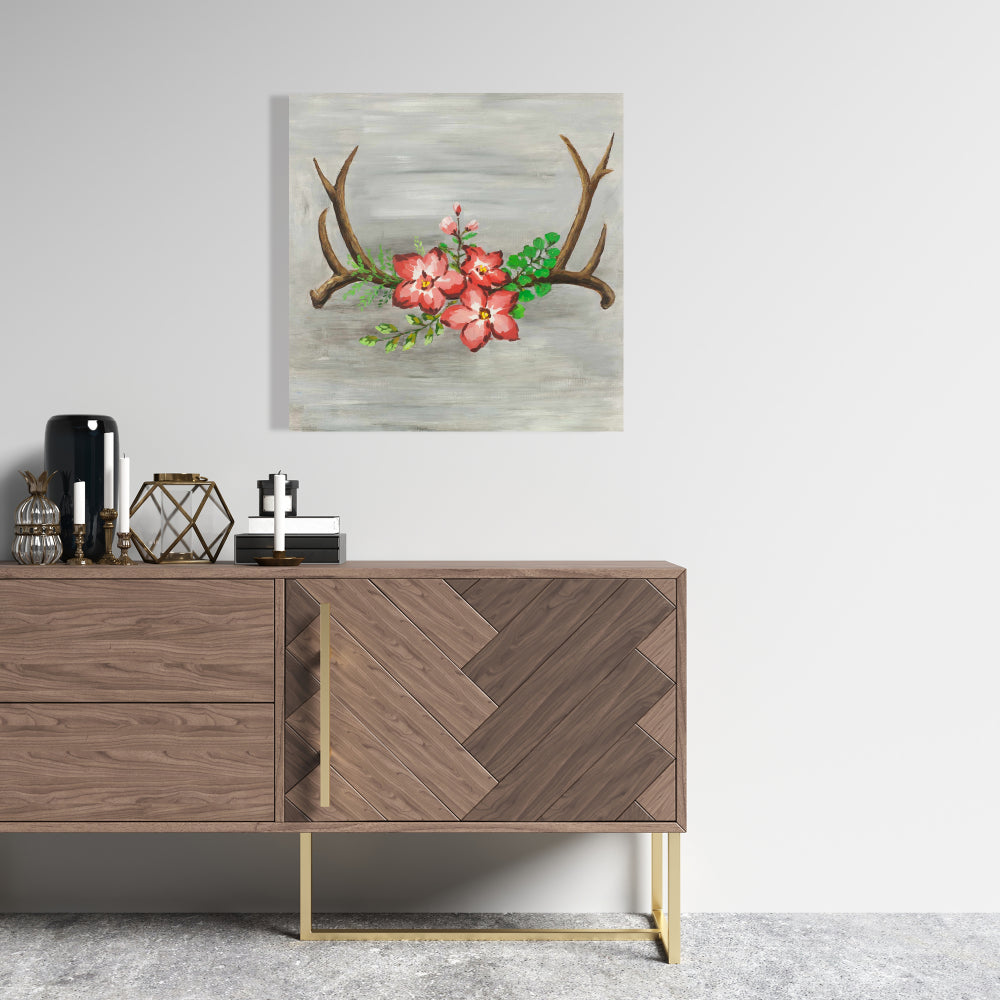 Bohemian Deer Canvas - Deer Horns & Pink Flowers Home Decor