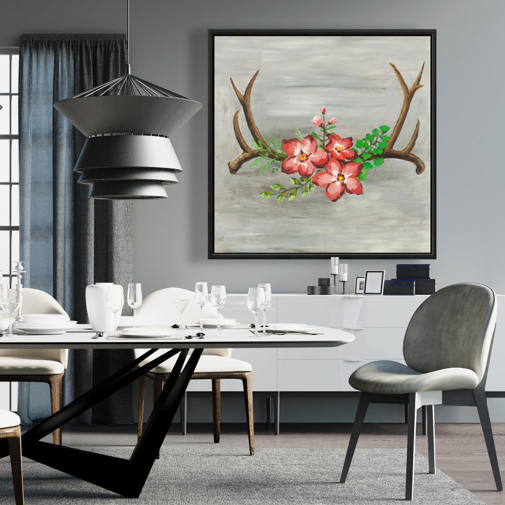 Toile « Cornes de cerf et fleurs roses » | Décoration de chambre animalière