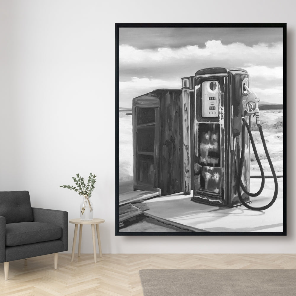 Toile « Pompe à essence ancienne » – Cadre blanc | Décoration murale de chambre