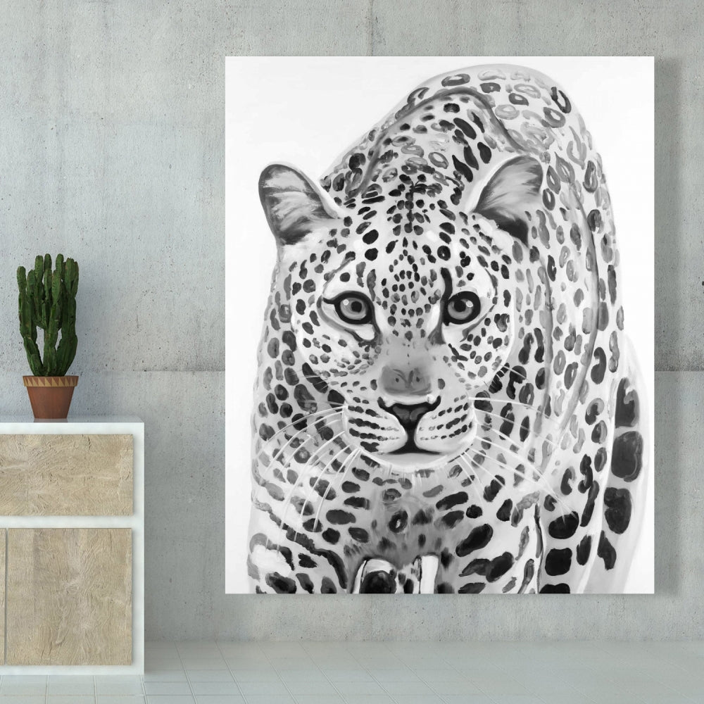 Leopard Ready to Attack - White Feline African Canvas Decor
