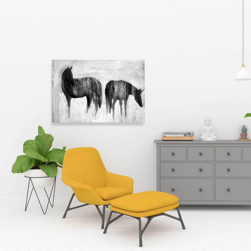 Horses Silhouettes in Mist - White Abstract Canvas Home Decor