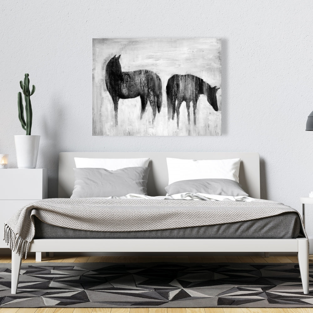 Horses Silhouettes in Mist - White Abstract Canvas Home Decor