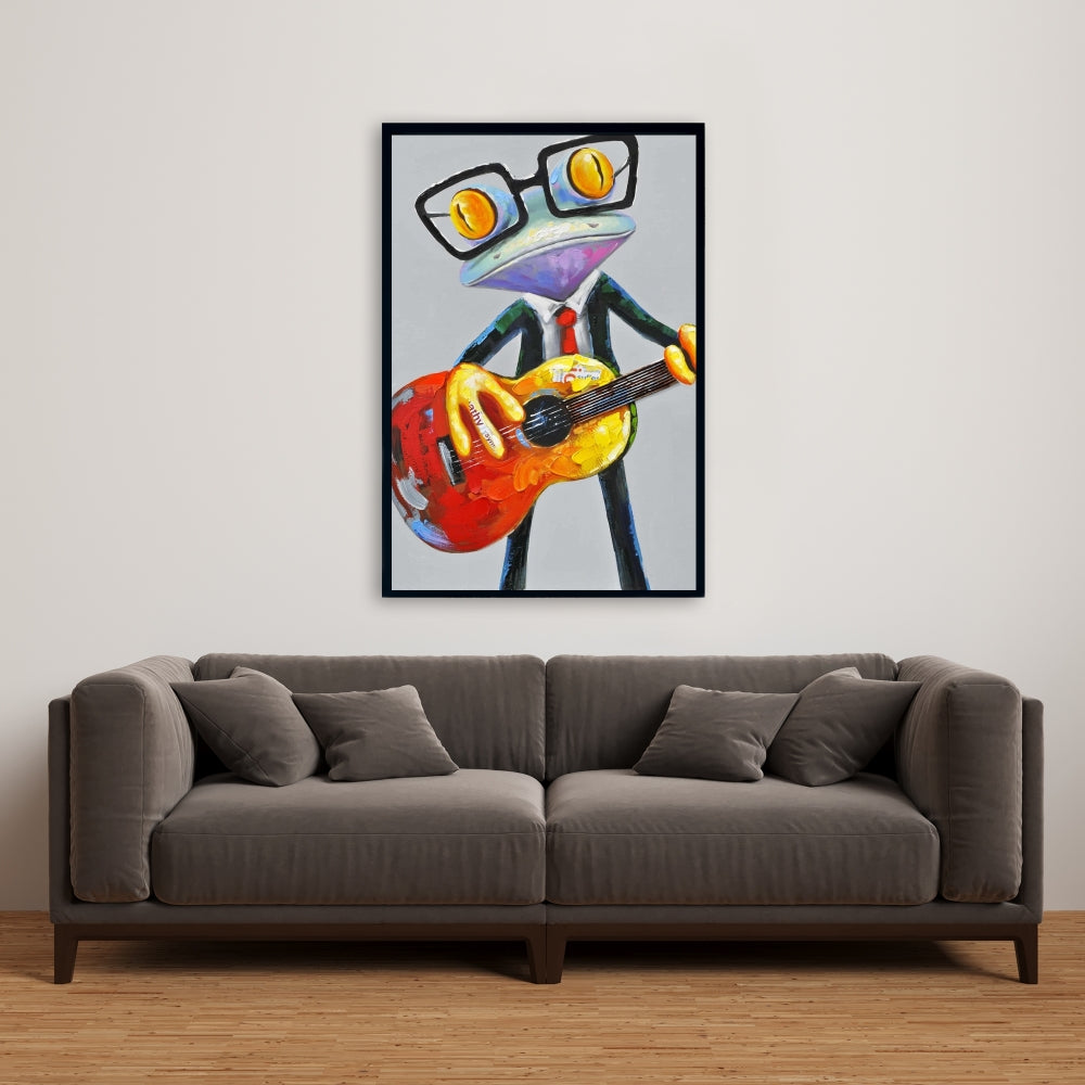 Funny Frog Playing Guitar Canvas | Gray Bedroom Wall Art