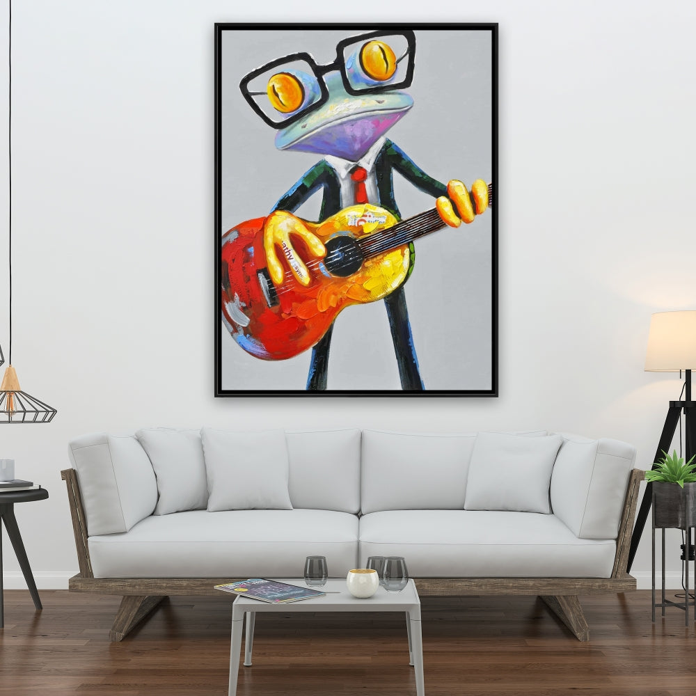 Funny Frog Playing Guitar Canvas | Gray Bedroom Wall Art