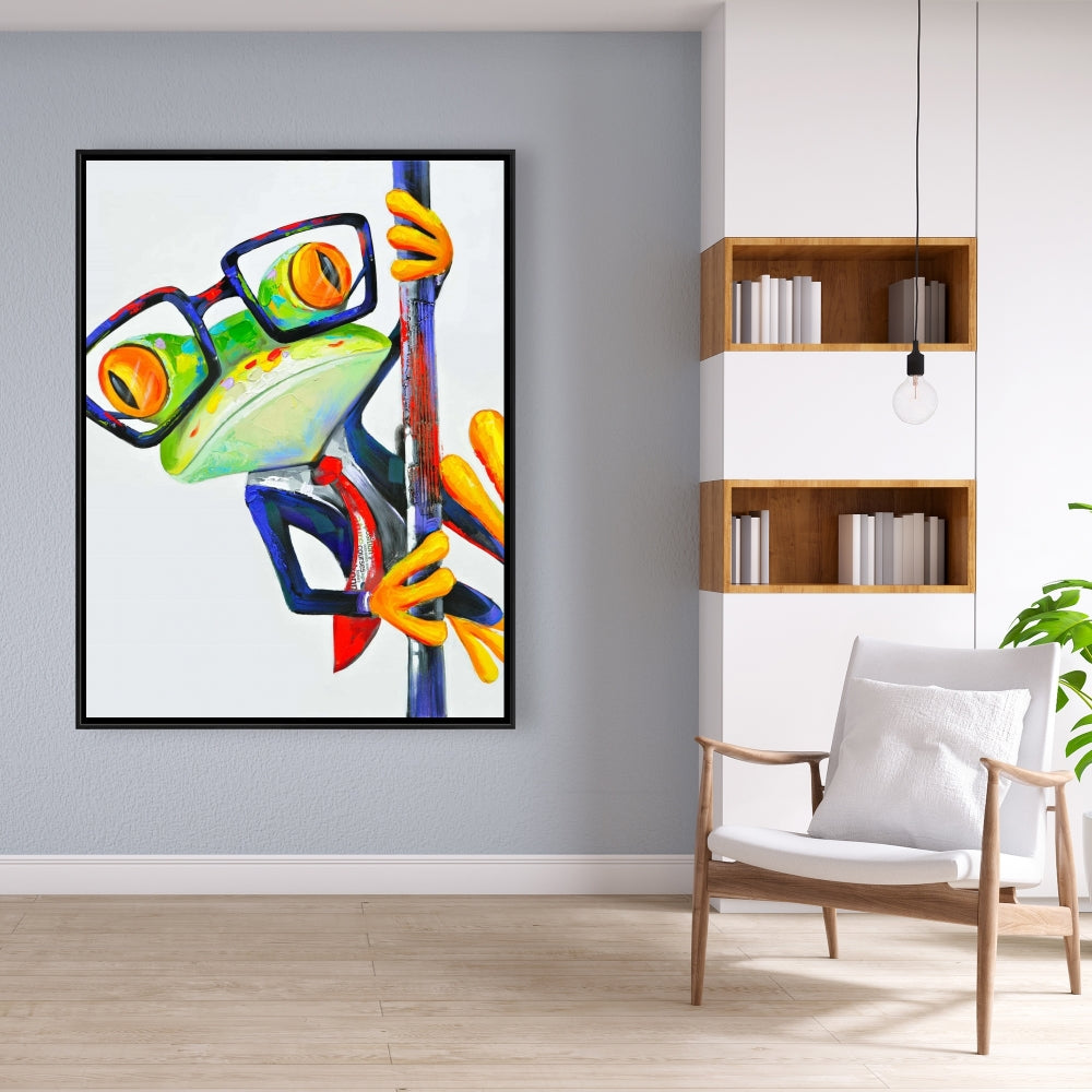 Funny Frog with Glasses Framed Canvas | Animal Bedroom Decor