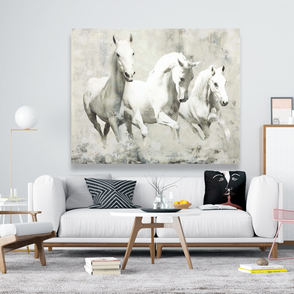 Three White Horses Running Canvas | Western Home Decor Art